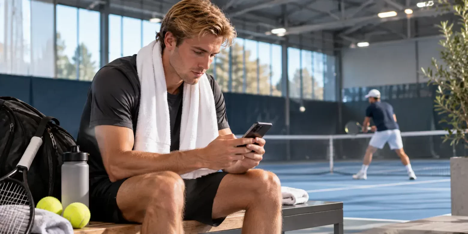 Tennispelaaja sisäkentällä ennen ottelua